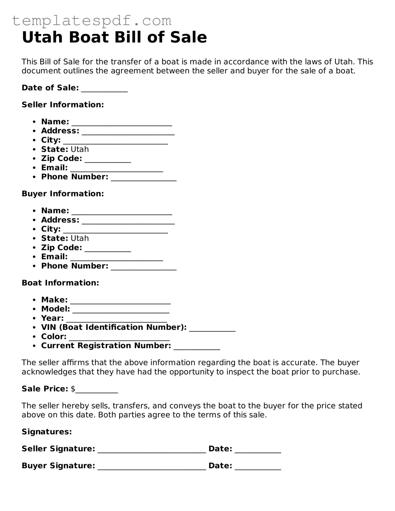Official  Boat Bill of Sale Form for Utah