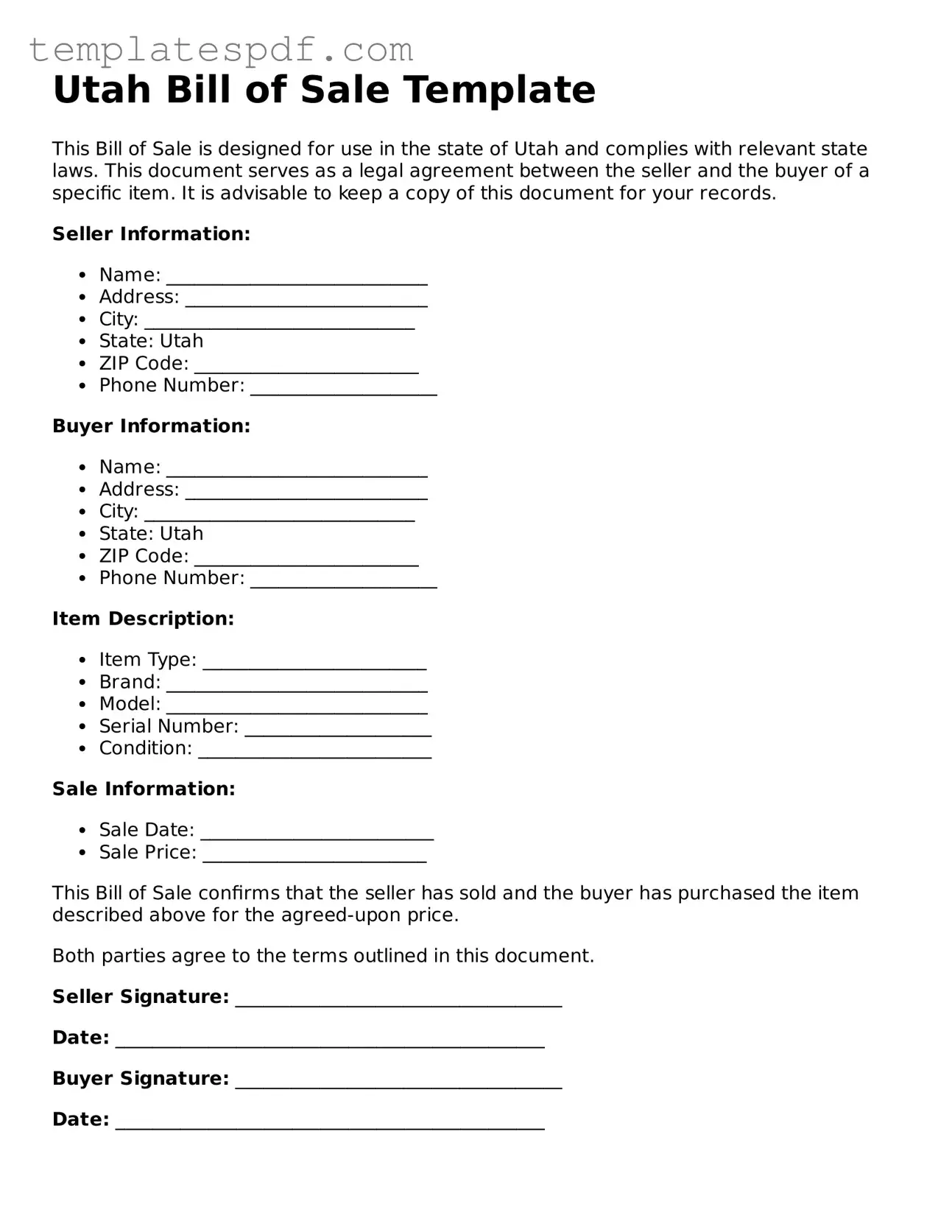Official  Bill of Sale Form for Utah