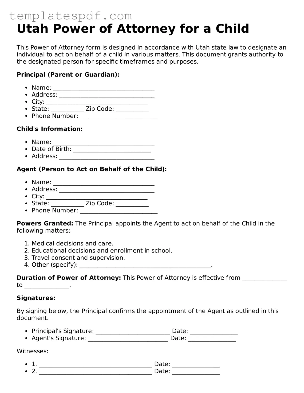 Official  Power of Attorney for a Child Form for Utah