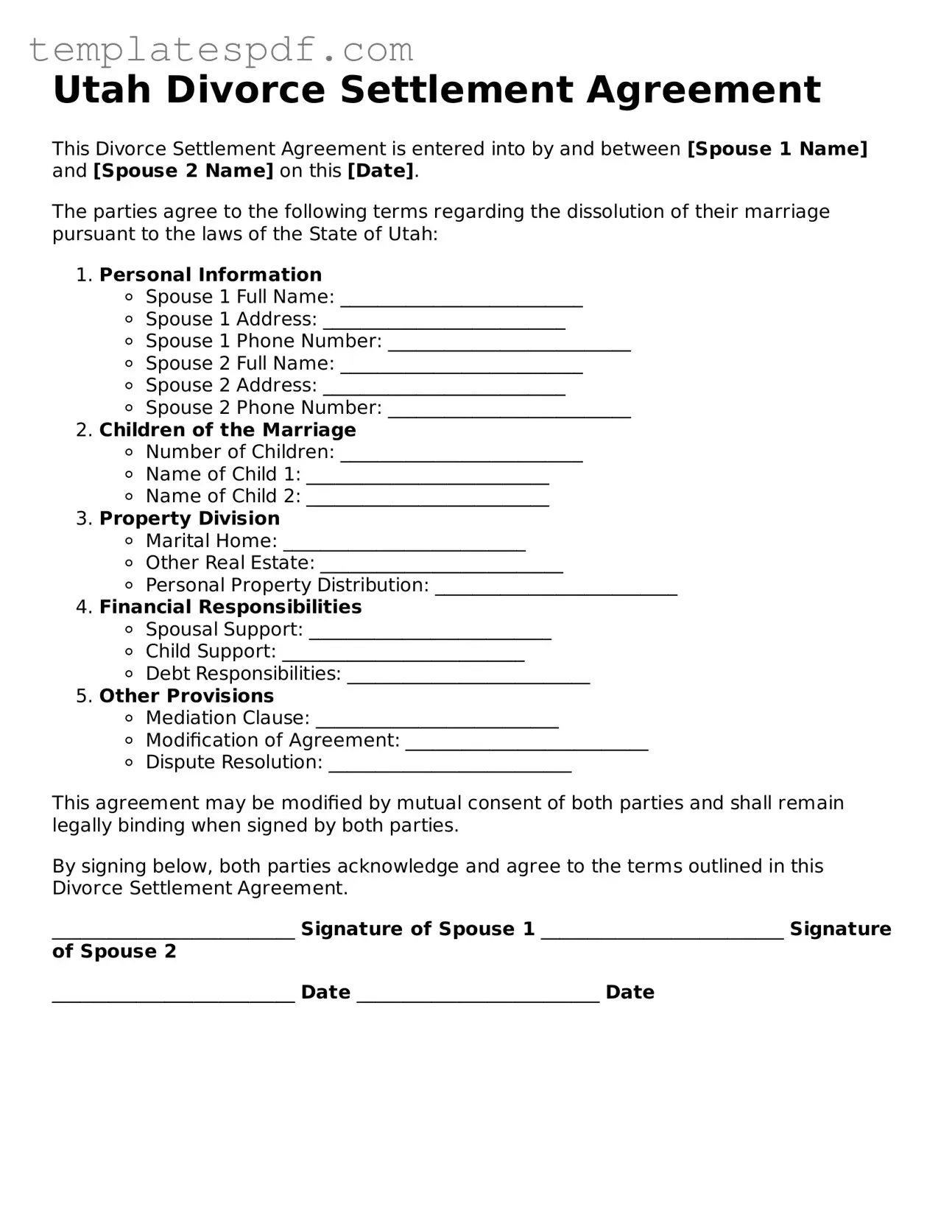 Official  Divorce Settlement Agreement Form for Utah
