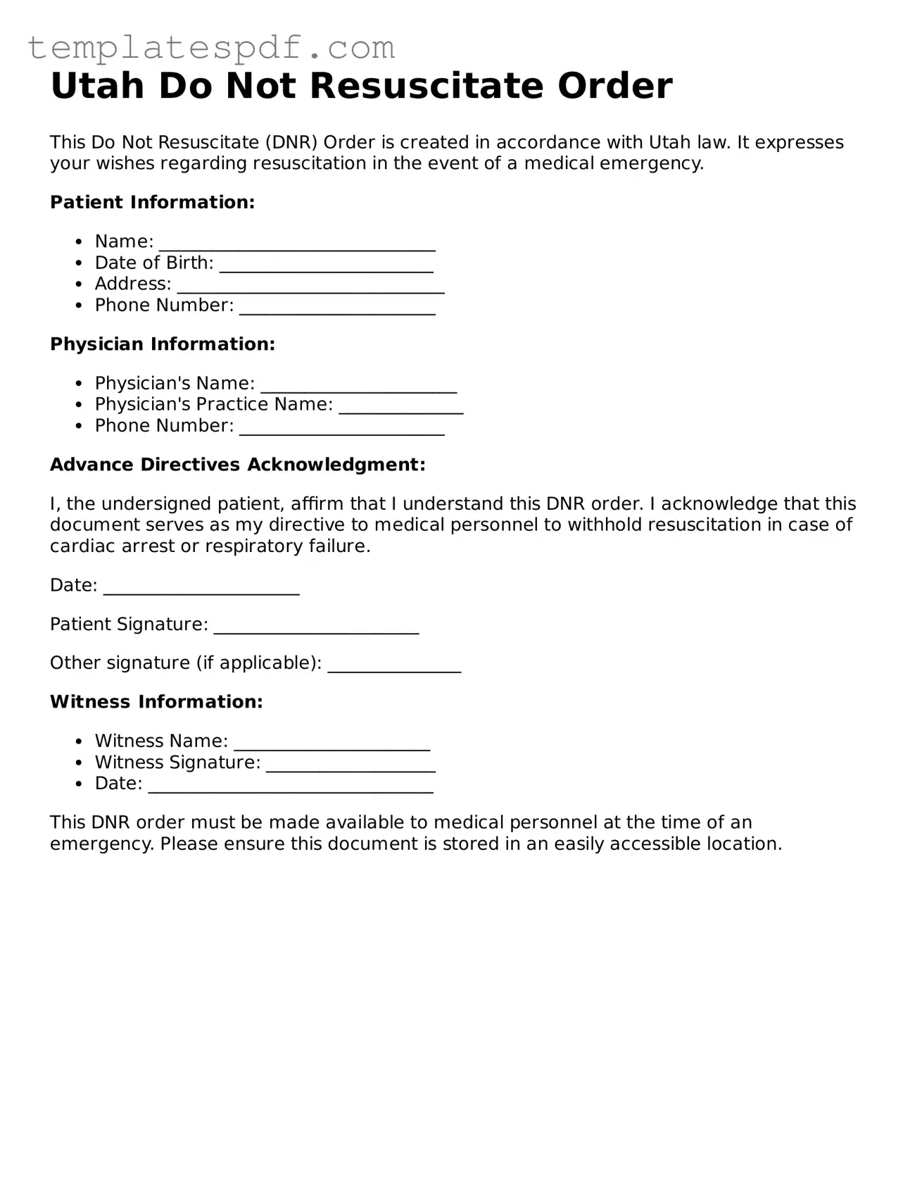 Official  Do Not Resuscitate Order Form for Utah
