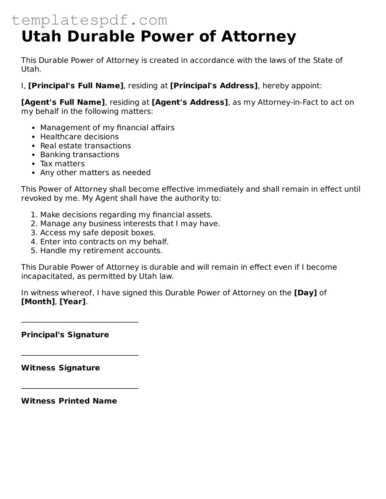 Official  Durable Power of Attorney Form for Utah