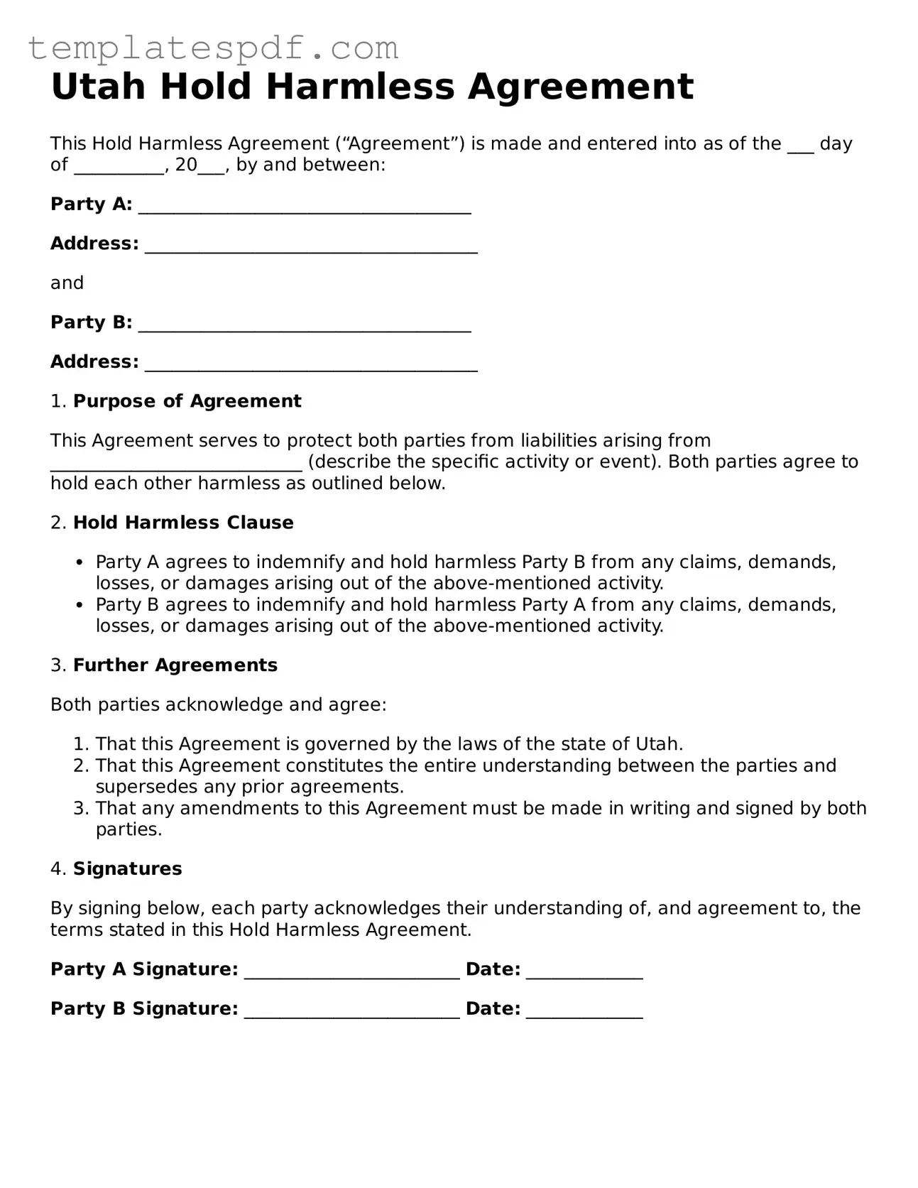 Official  Hold Harmless Agreement Form for Utah