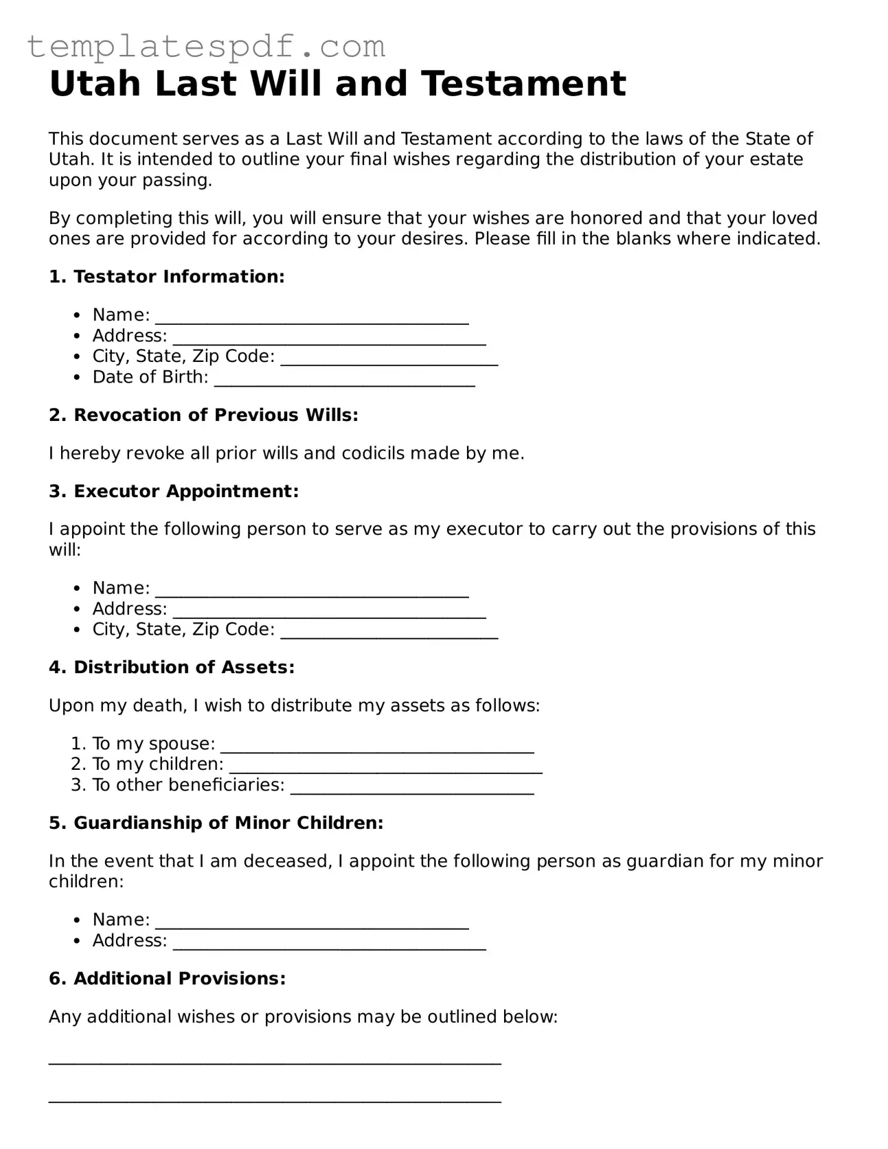 Official  Last Will and Testament Form for Utah