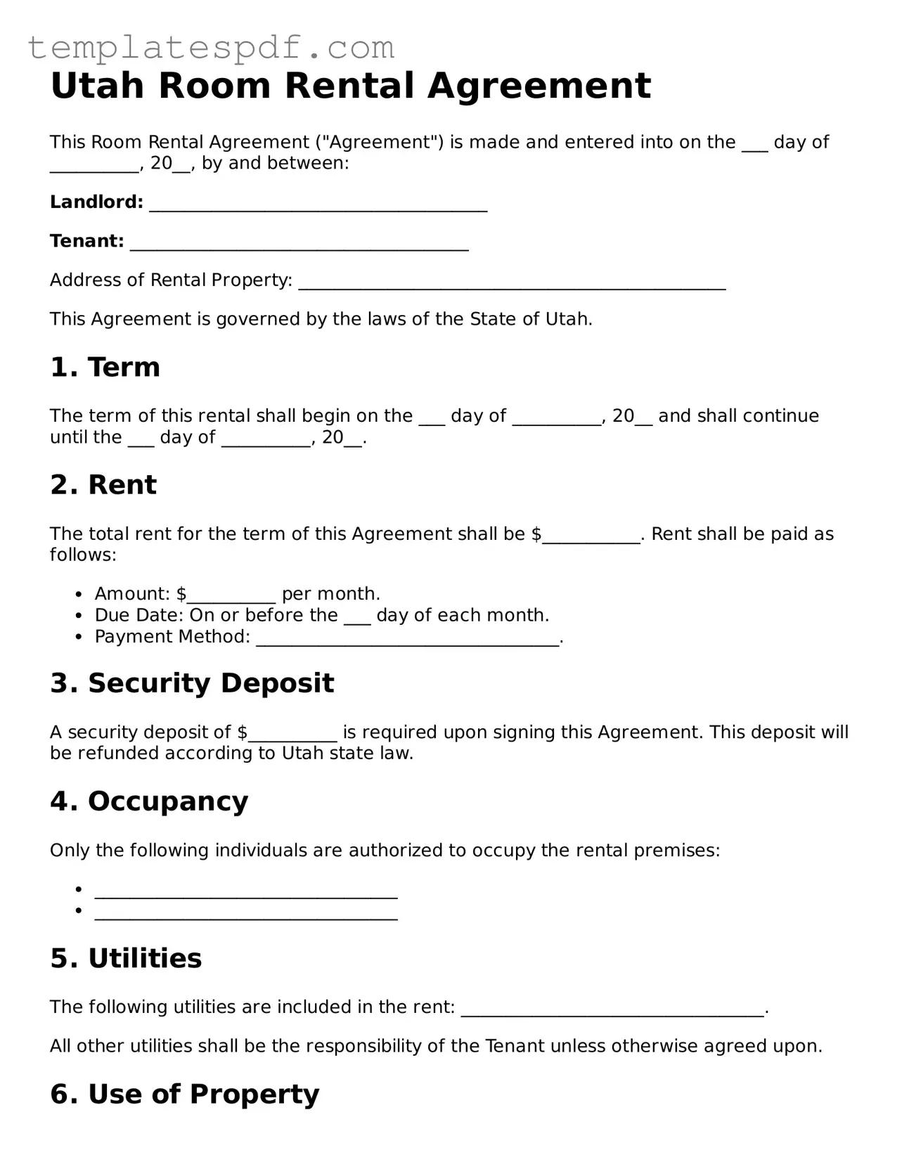 Official  Room Rental Agreement Form for Utah