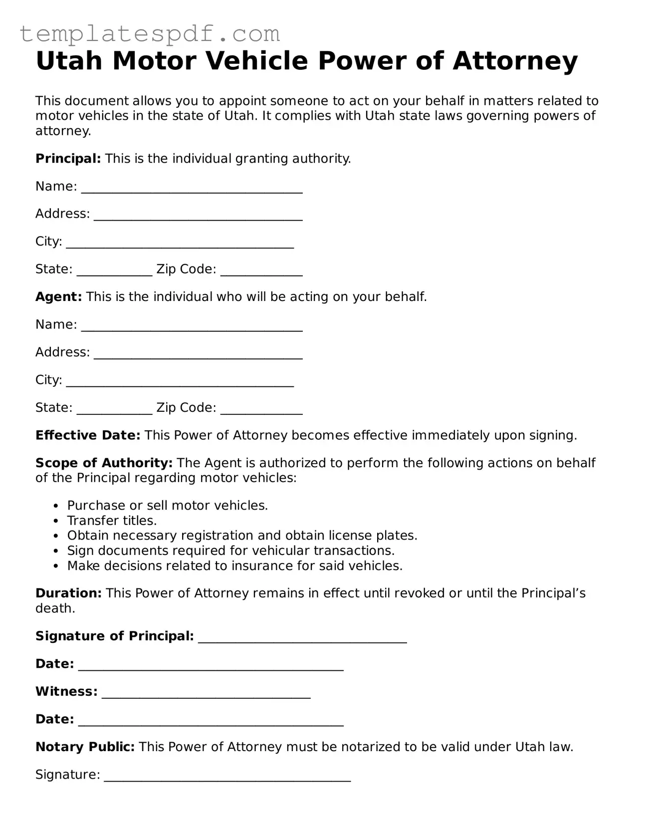Official  Motor Vehicle Power of Attorney Form for Utah