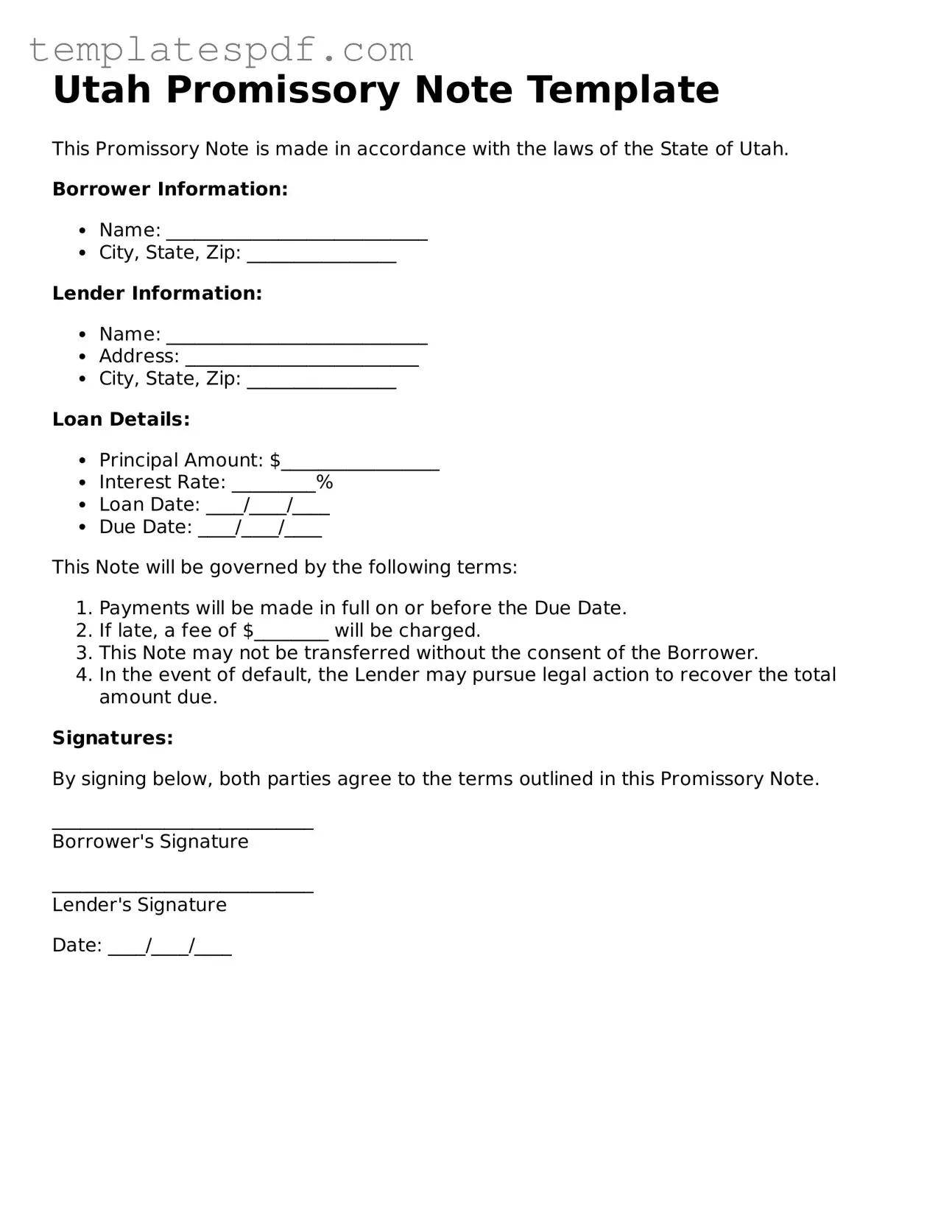 Official  Promissory Note Form for Utah