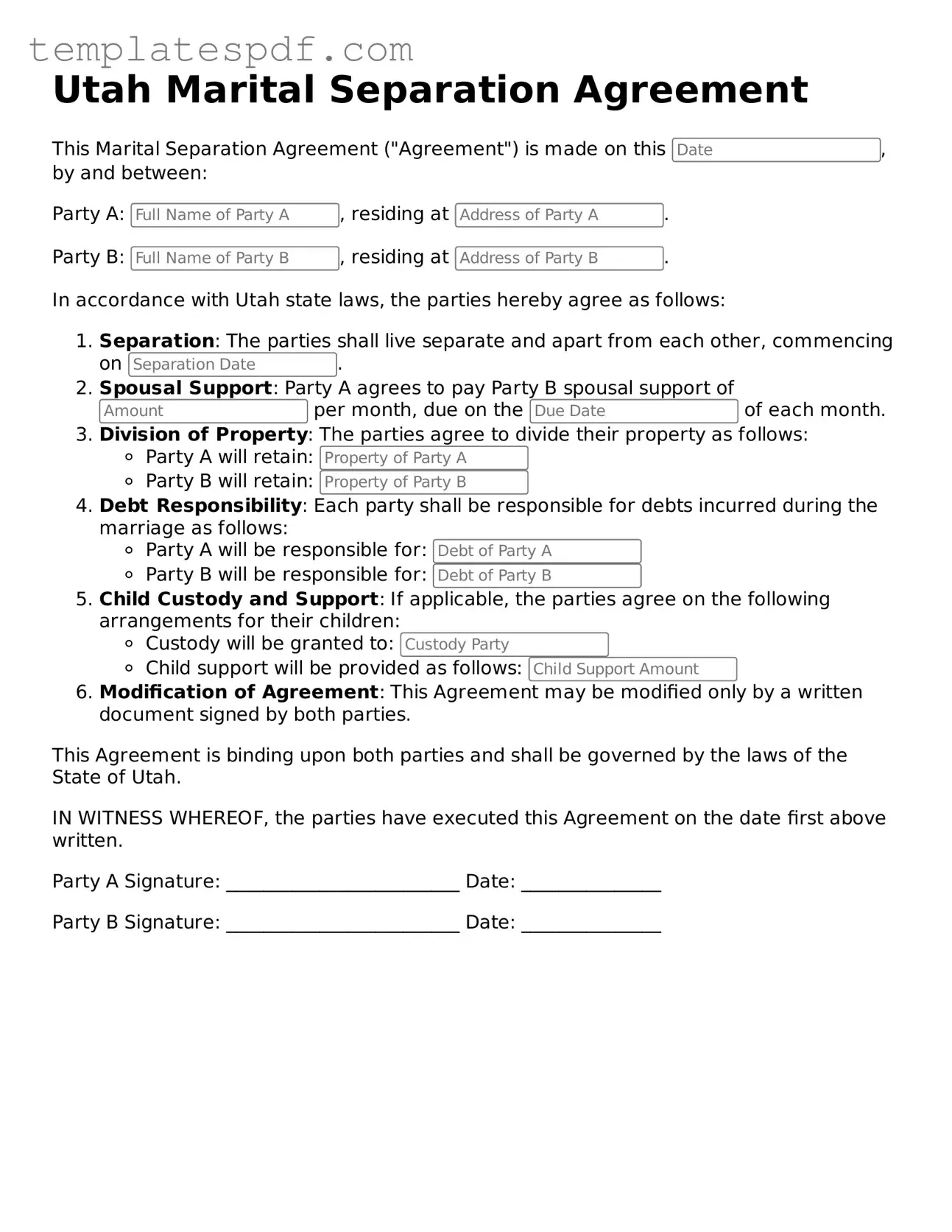 Official  Marital Separation Agreement Form for Utah