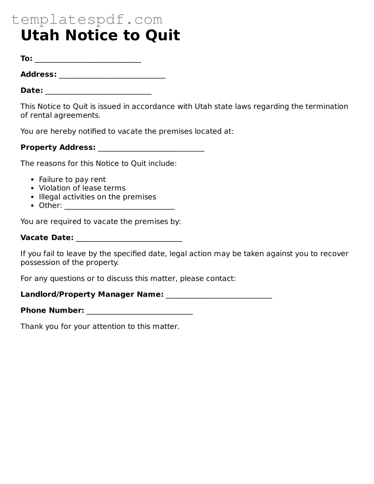 Official  Notice to Quit Form for Utah