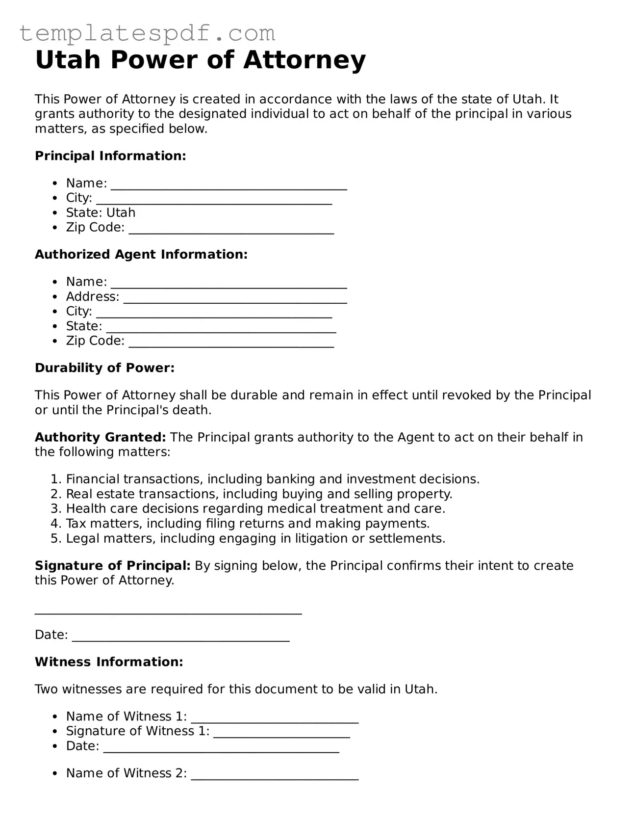Official  Power of Attorney Form for Utah