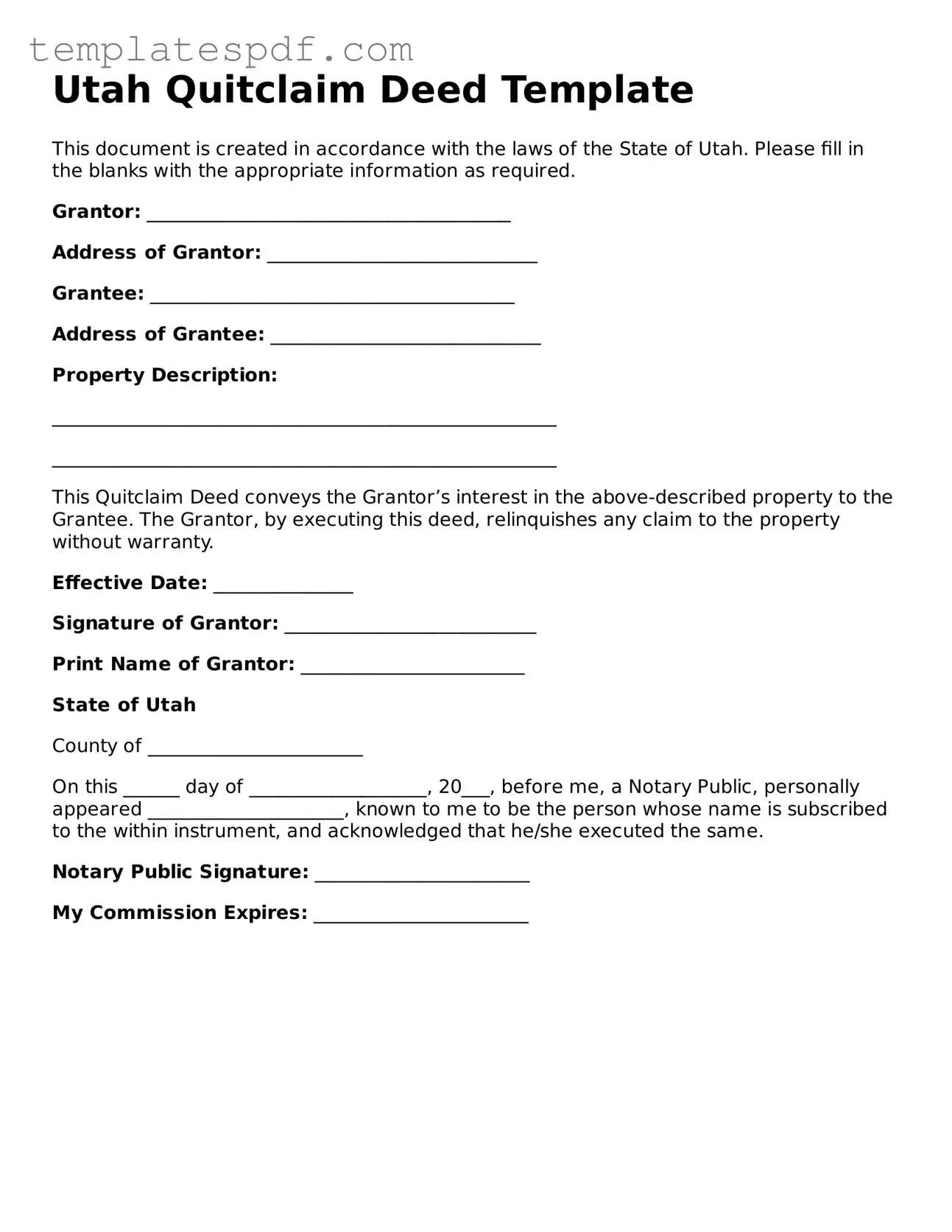 Official  Quitclaim Deed Form for Utah