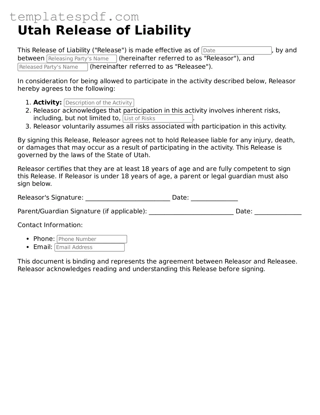 Official  Release of Liability Form for Utah