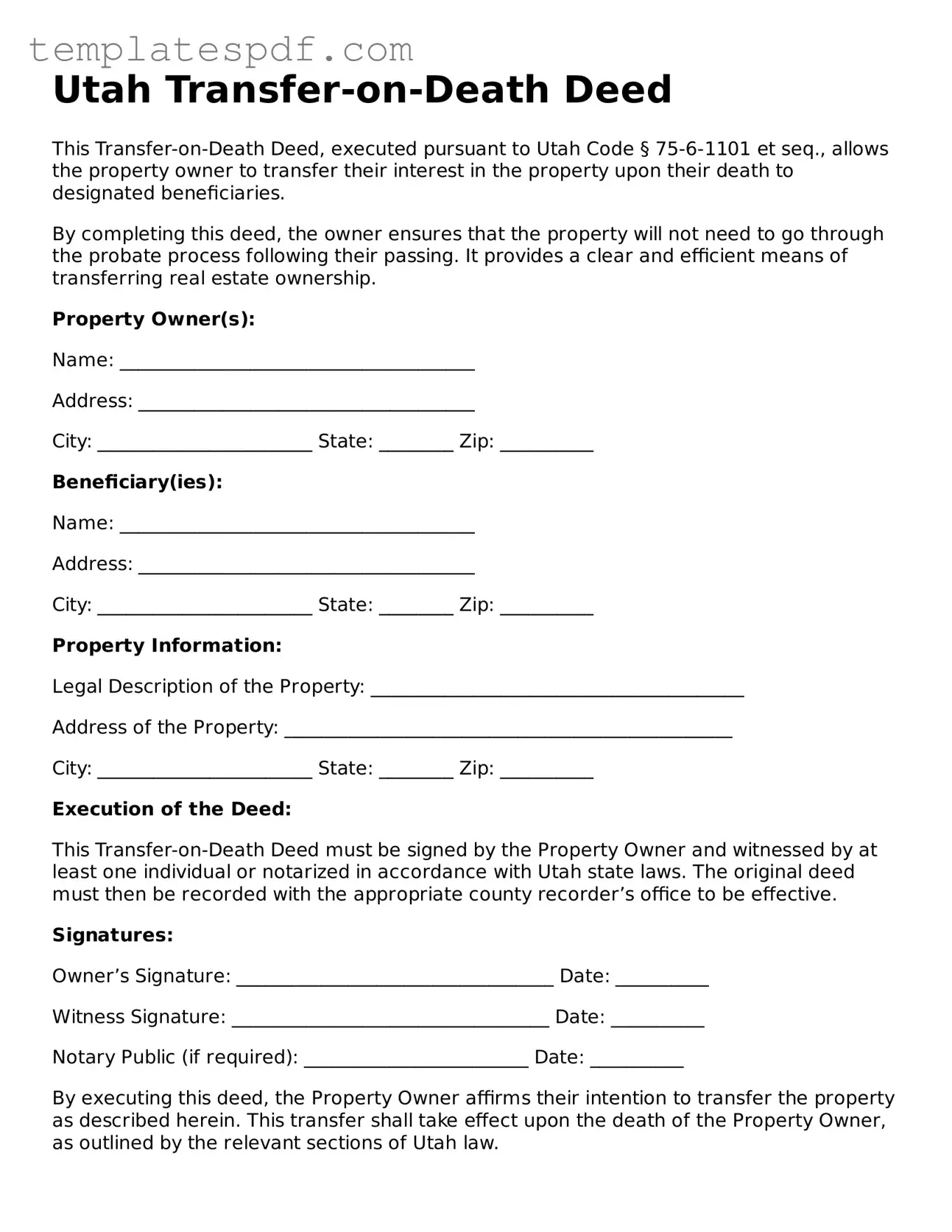 Official  Transfer-on-Death Deed Form for Utah