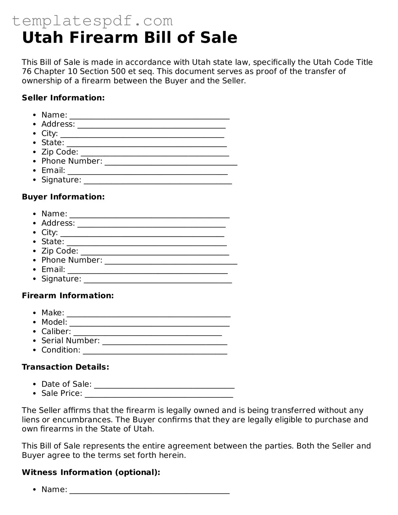 Official  Firearm Bill of Sale Form for Utah