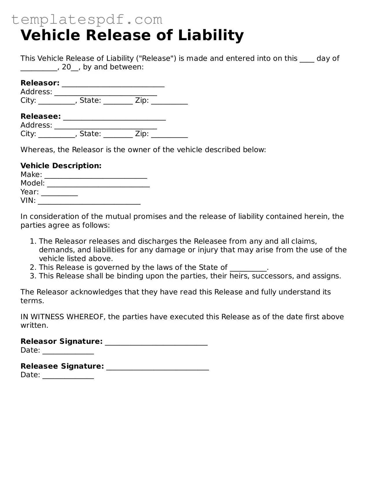 Printable Vehicle Release of Liability Form
