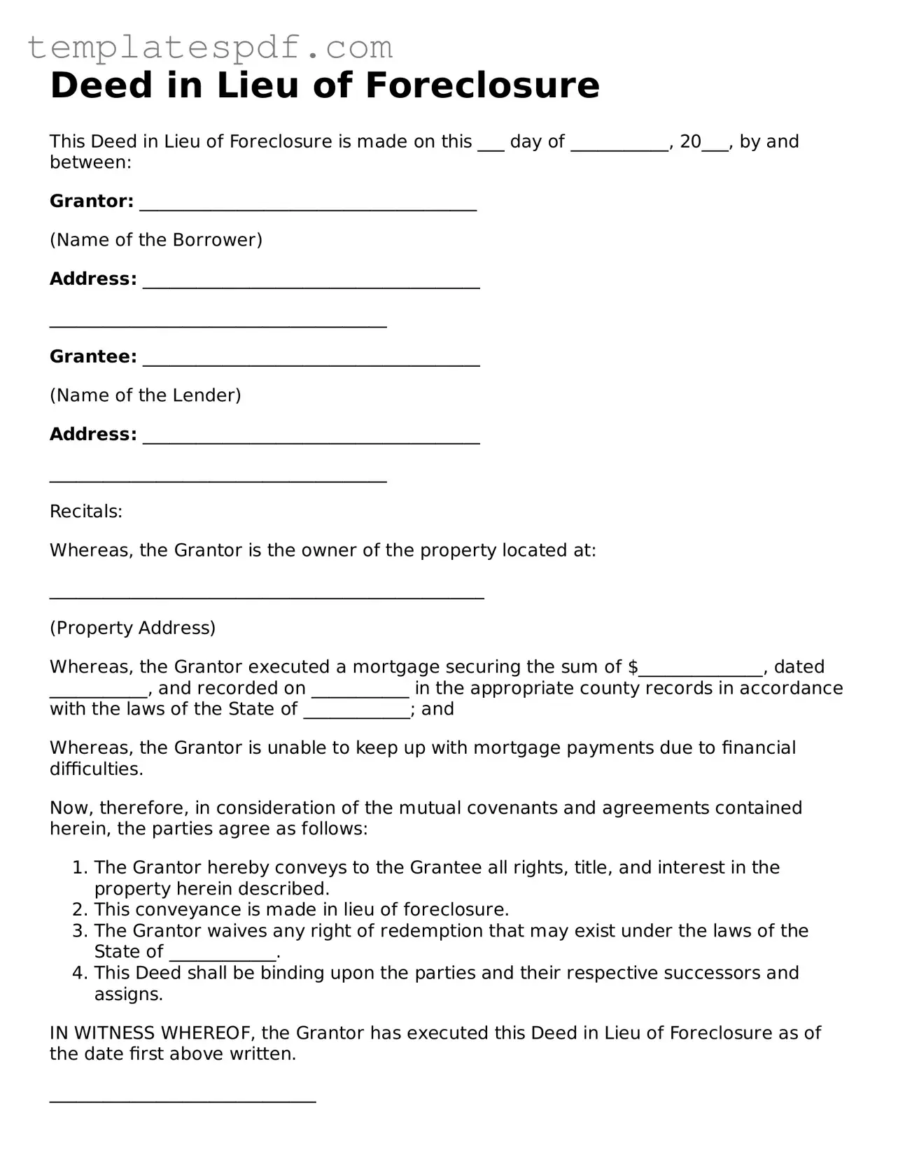 Printable Deed in Lieu of Foreclosure Form