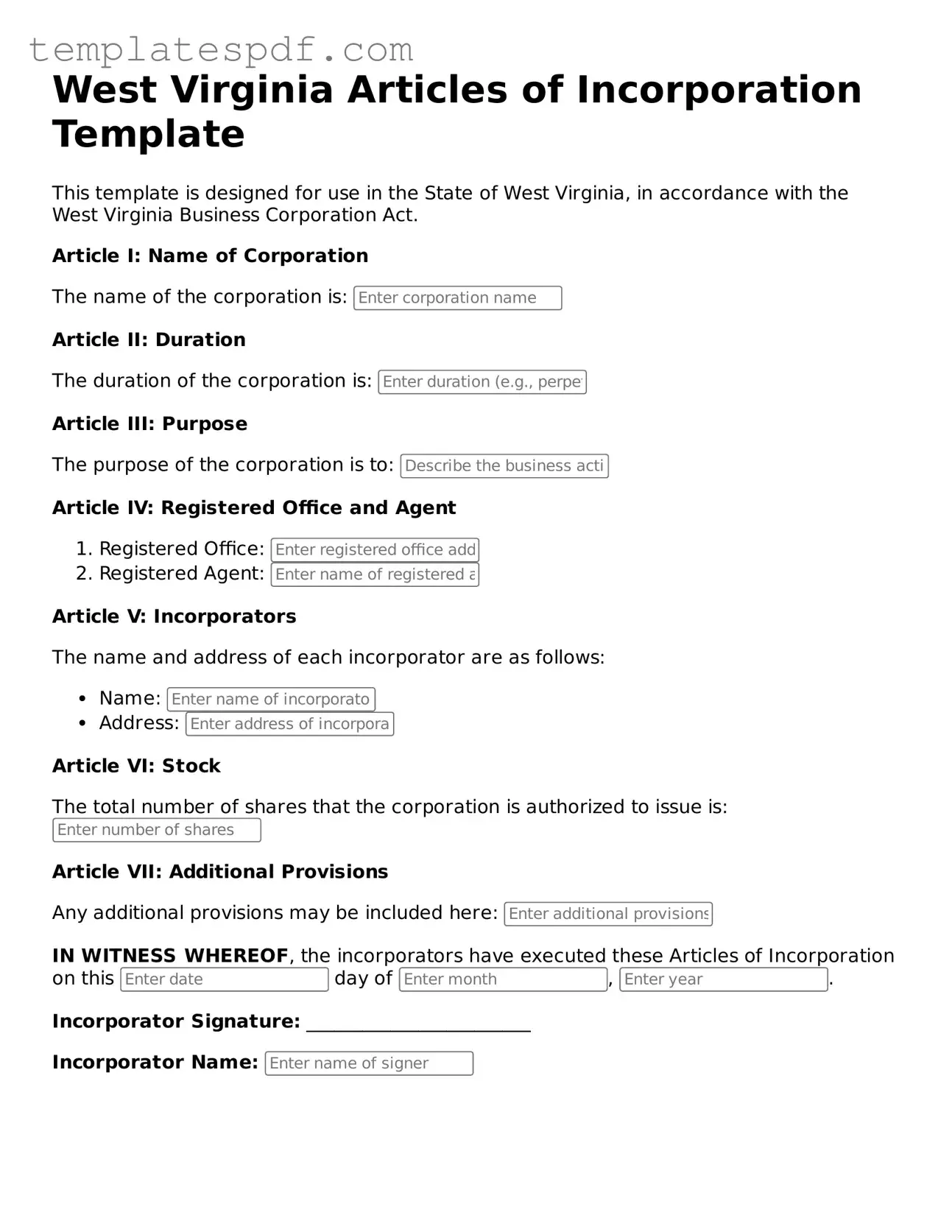 Official  Articles of Incorporation Form for West Virginia
