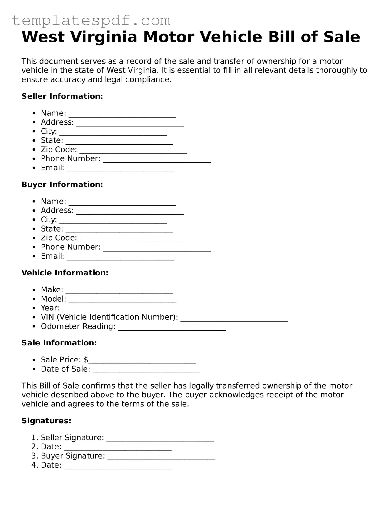 Official  Motor Vehicle Bill of Sale Form for West Virginia