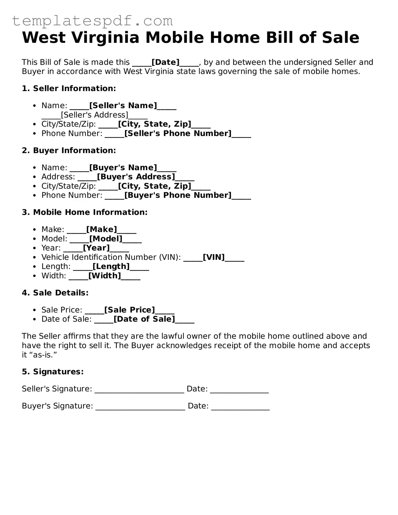 Official  Mobile Home Bill of Sale Form for West Virginia