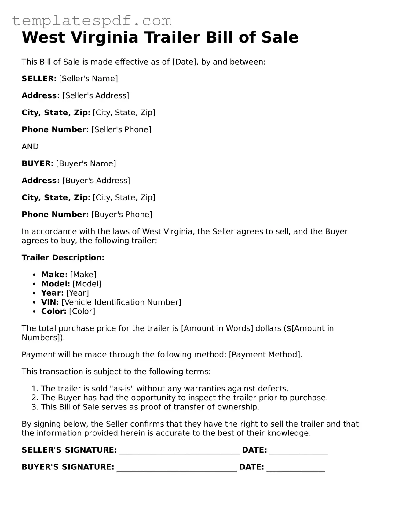Official  Trailer Bill of Sale Form for West Virginia