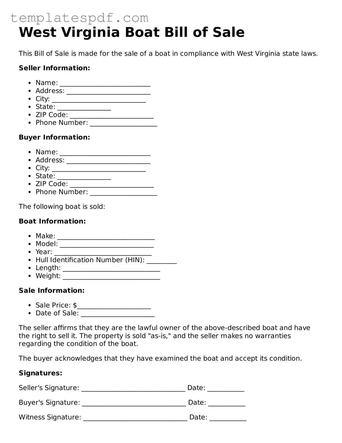Official  Boat Bill of Sale Form for West Virginia