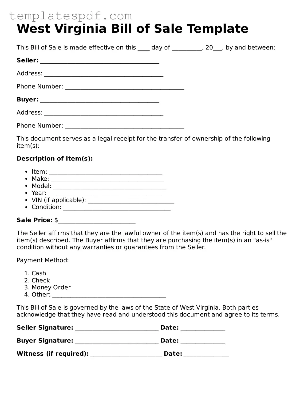 Official  Bill of Sale Form for West Virginia