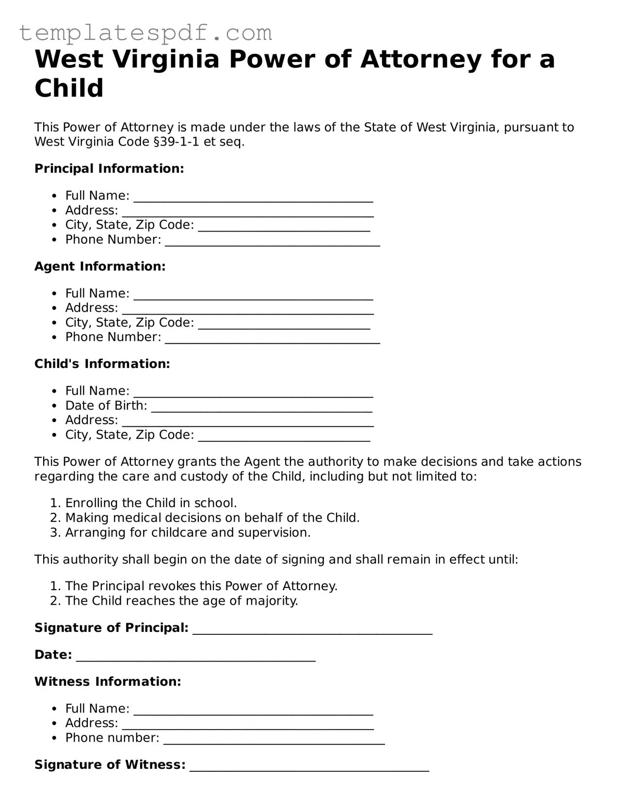 Official  Power of Attorney for a Child Form for West Virginia