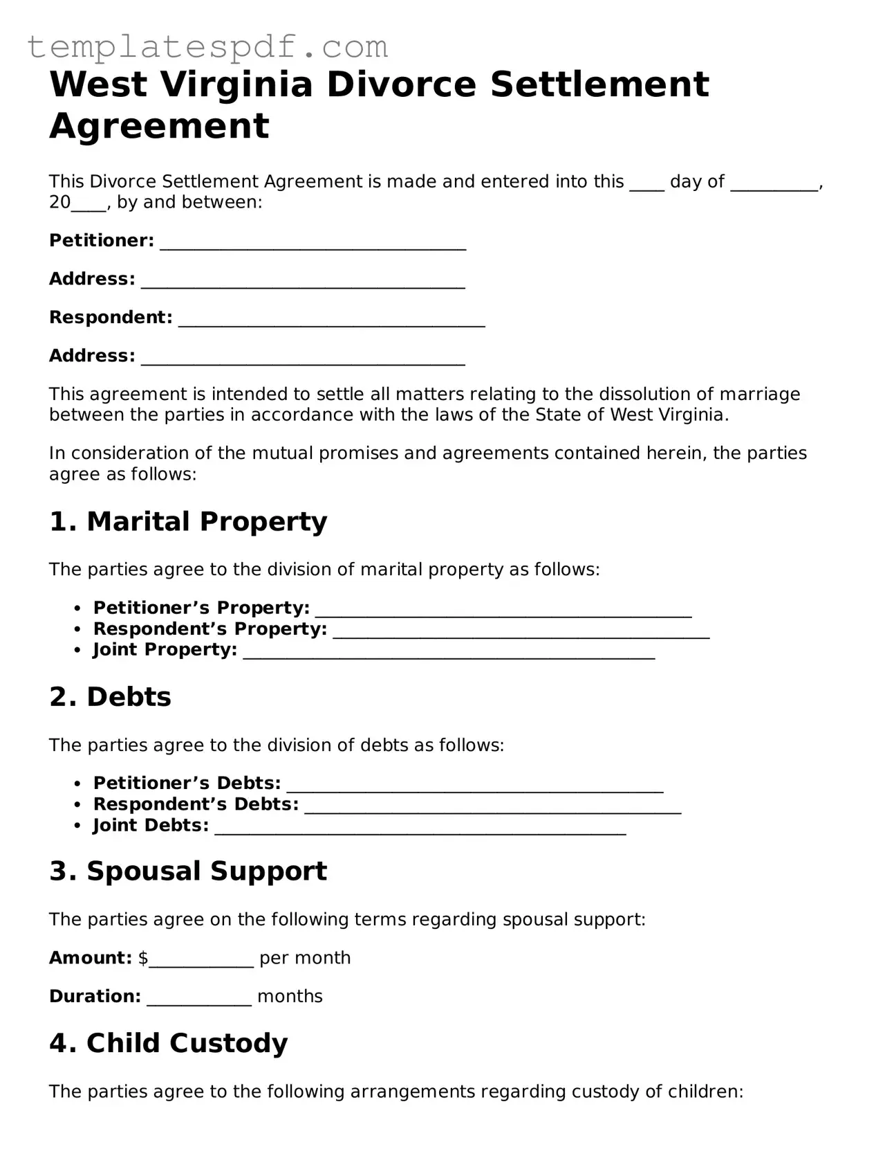 Official  Divorce Settlement Agreement Form for West Virginia