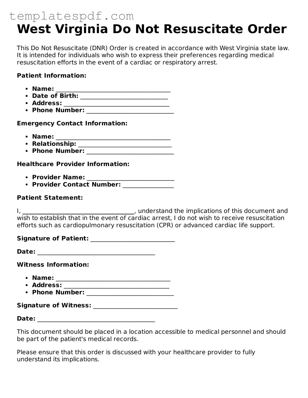 Official  Do Not Resuscitate Order Form for West Virginia