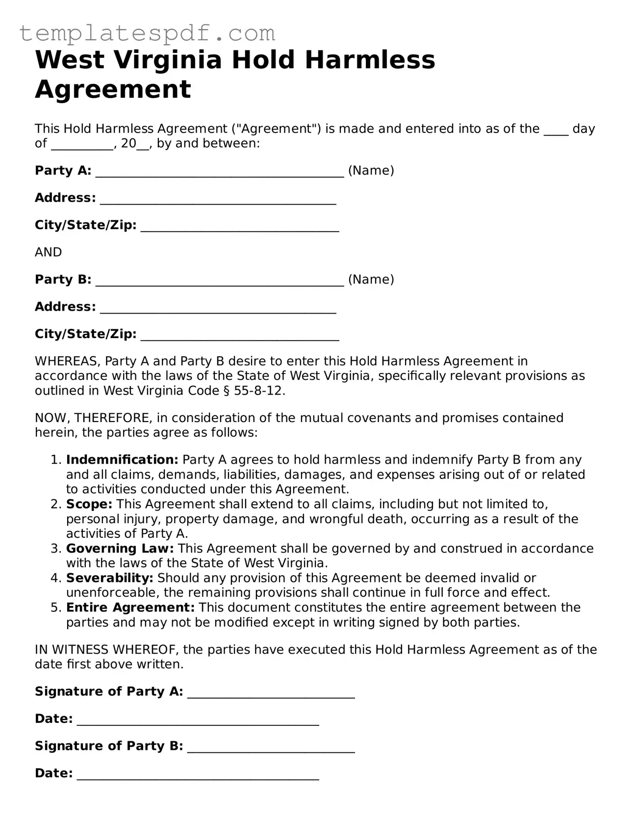 Official  Hold Harmless Agreement Form for West Virginia