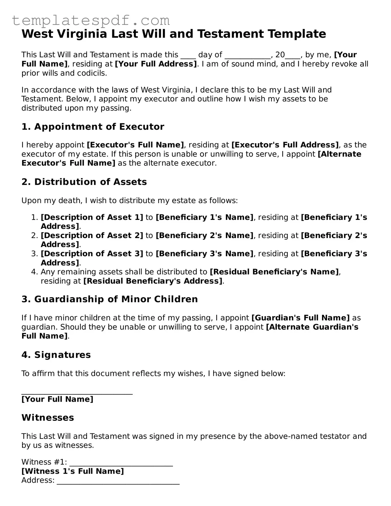 Official  Last Will and Testament Form for West Virginia