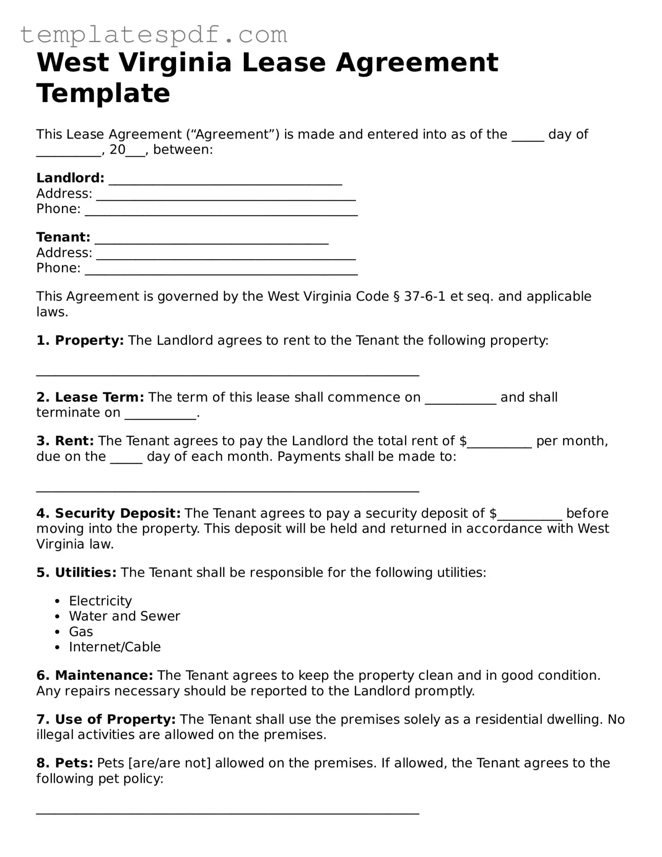 Official  Lease Agreement Form for West Virginia