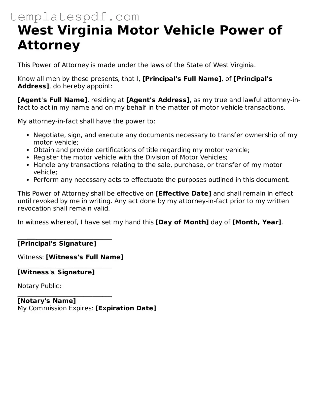 Official  Motor Vehicle Power of Attorney Form for West Virginia