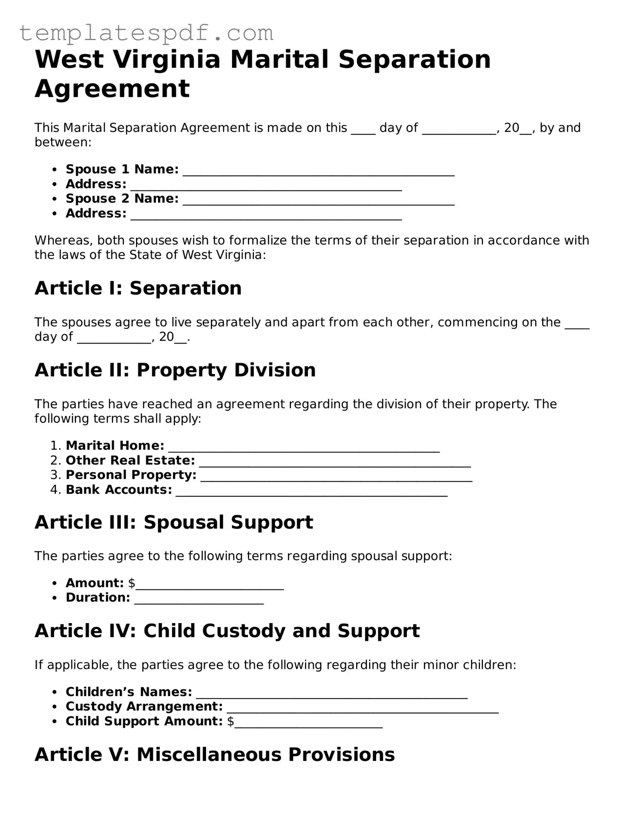 Official  Marital Separation Agreement Form for West Virginia