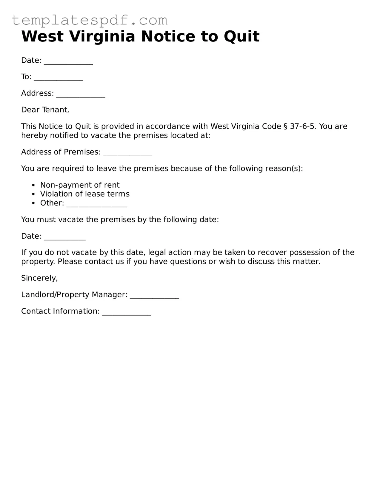 Official  Notice to Quit Form for West Virginia