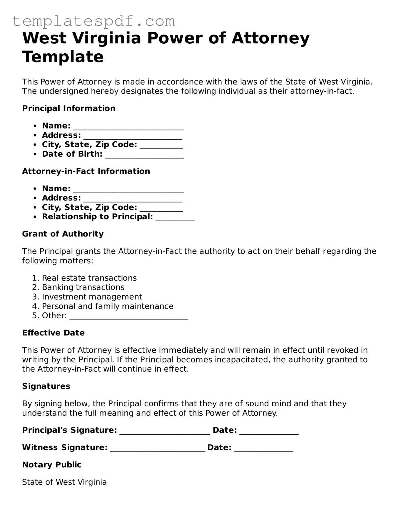 Official  Power of Attorney Form for West Virginia