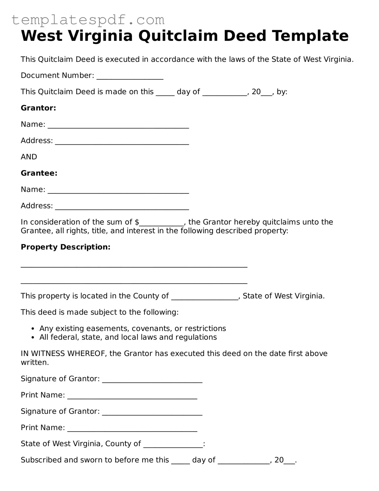 Official  Quitclaim Deed Form for West Virginia