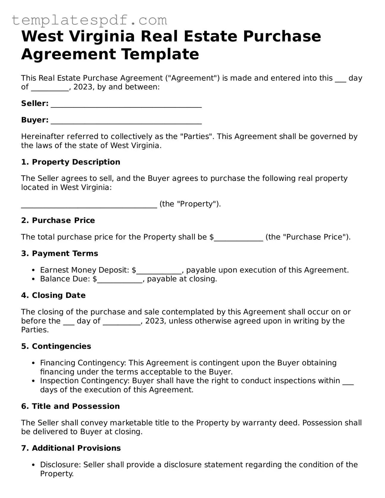 Official  Real Estate Purchase Agreement Form for West Virginia
