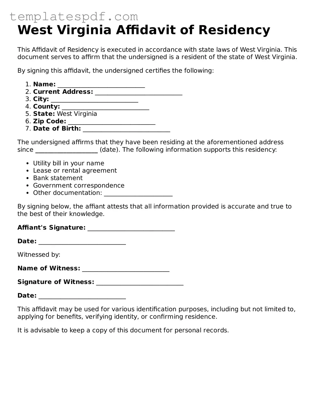 Official  Affidavit of Residency Form for West Virginia