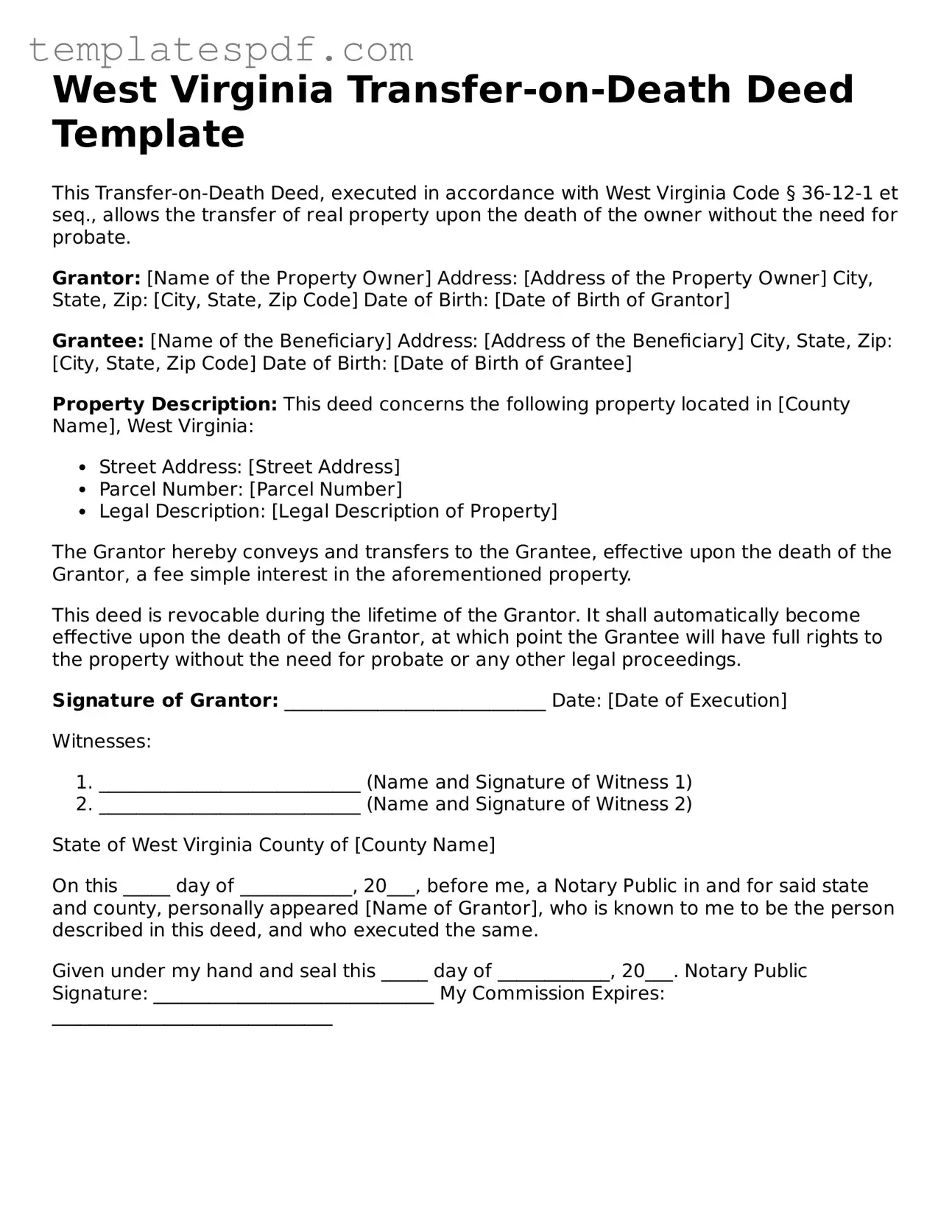 Official  Transfer-on-Death Deed Form for West Virginia