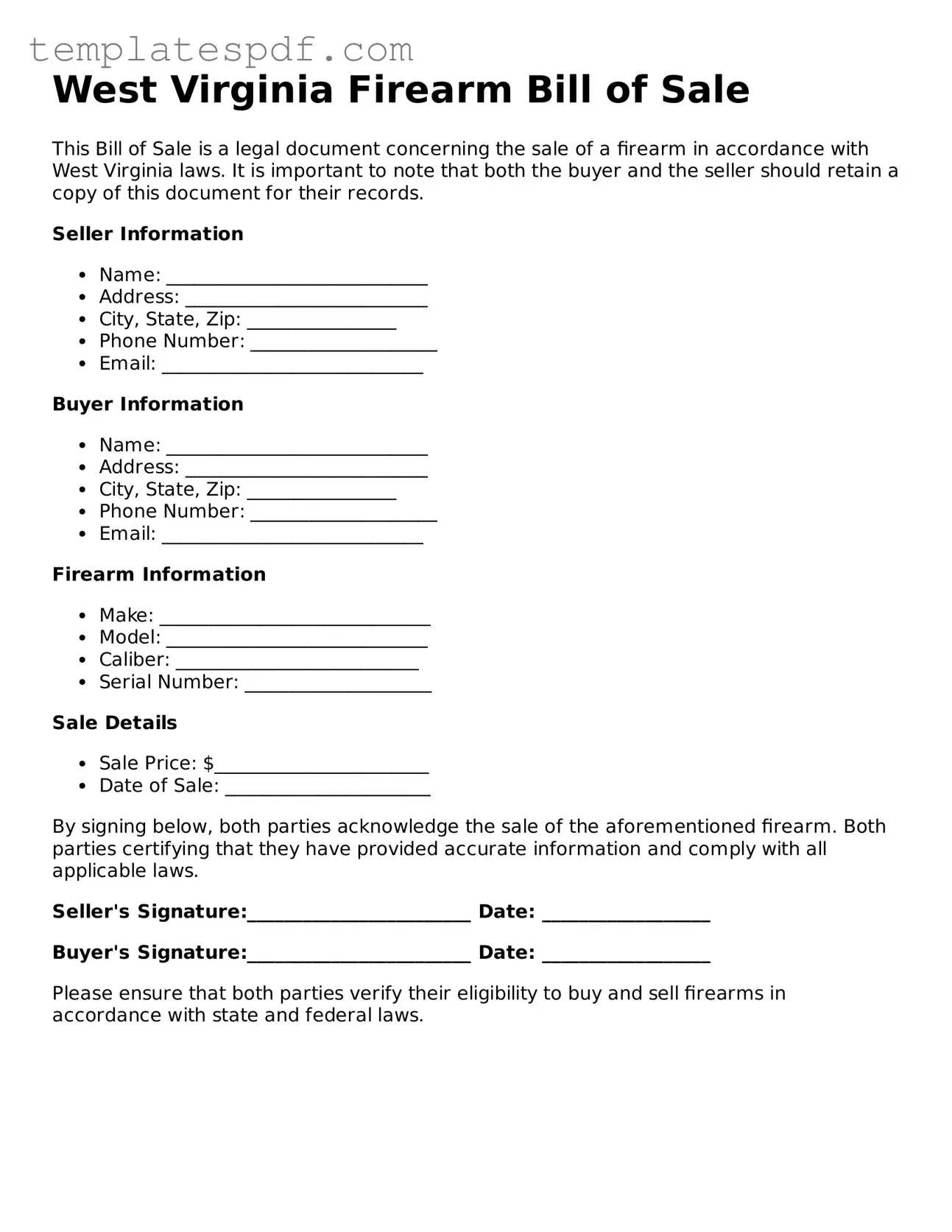 Official  Firearm Bill of Sale Form for West Virginia