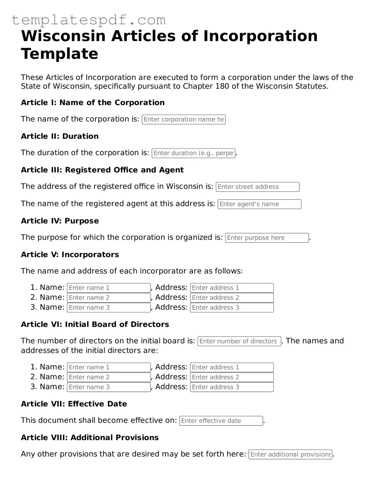 Official  Articles of Incorporation Form for Wisconsin