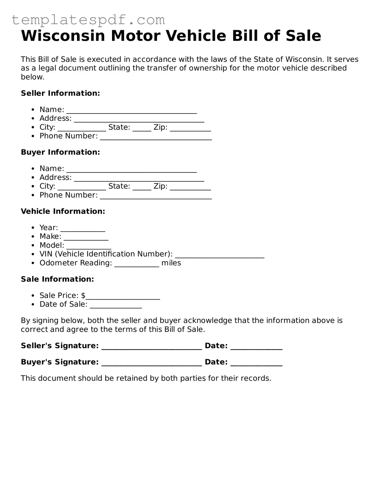 Official  Motor Vehicle Bill of Sale Form for Wisconsin