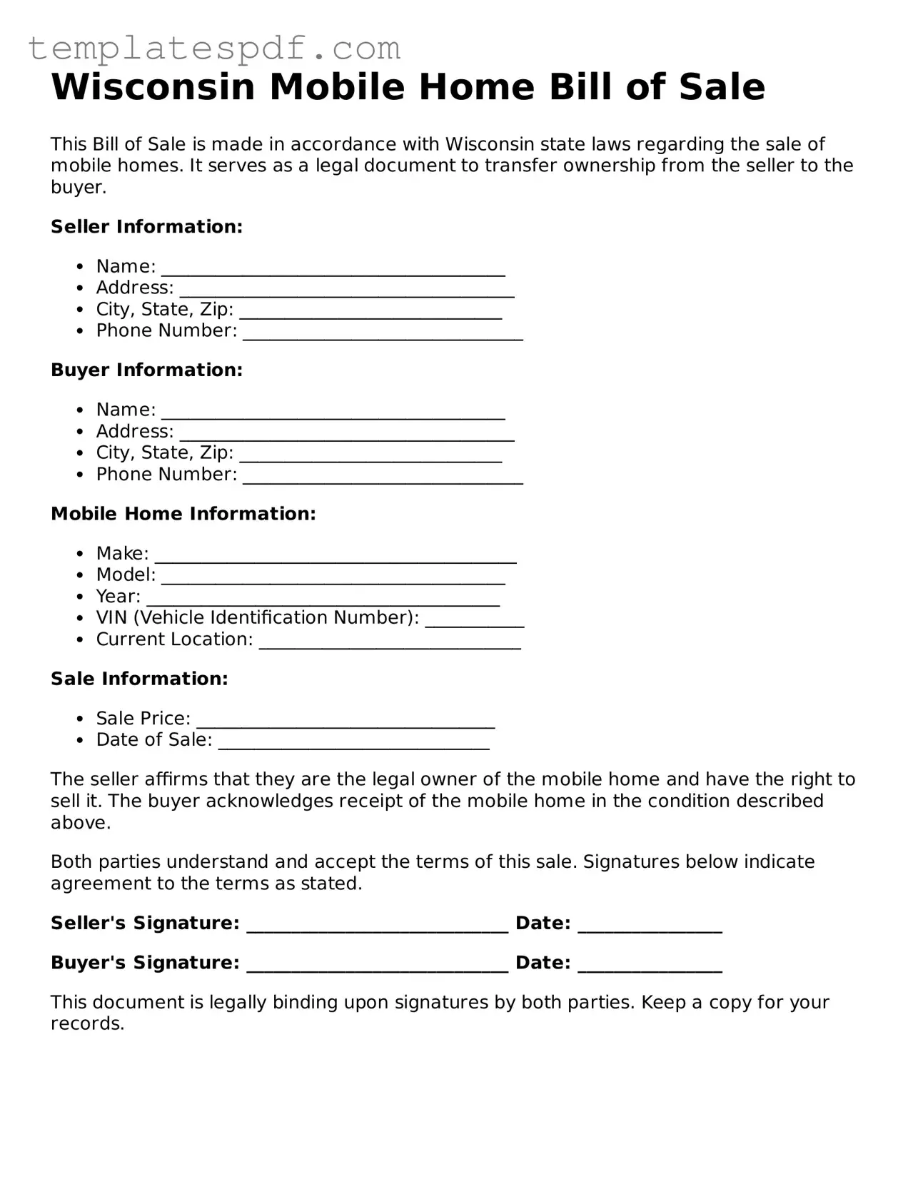 Official  Mobile Home Bill of Sale Form for Wisconsin