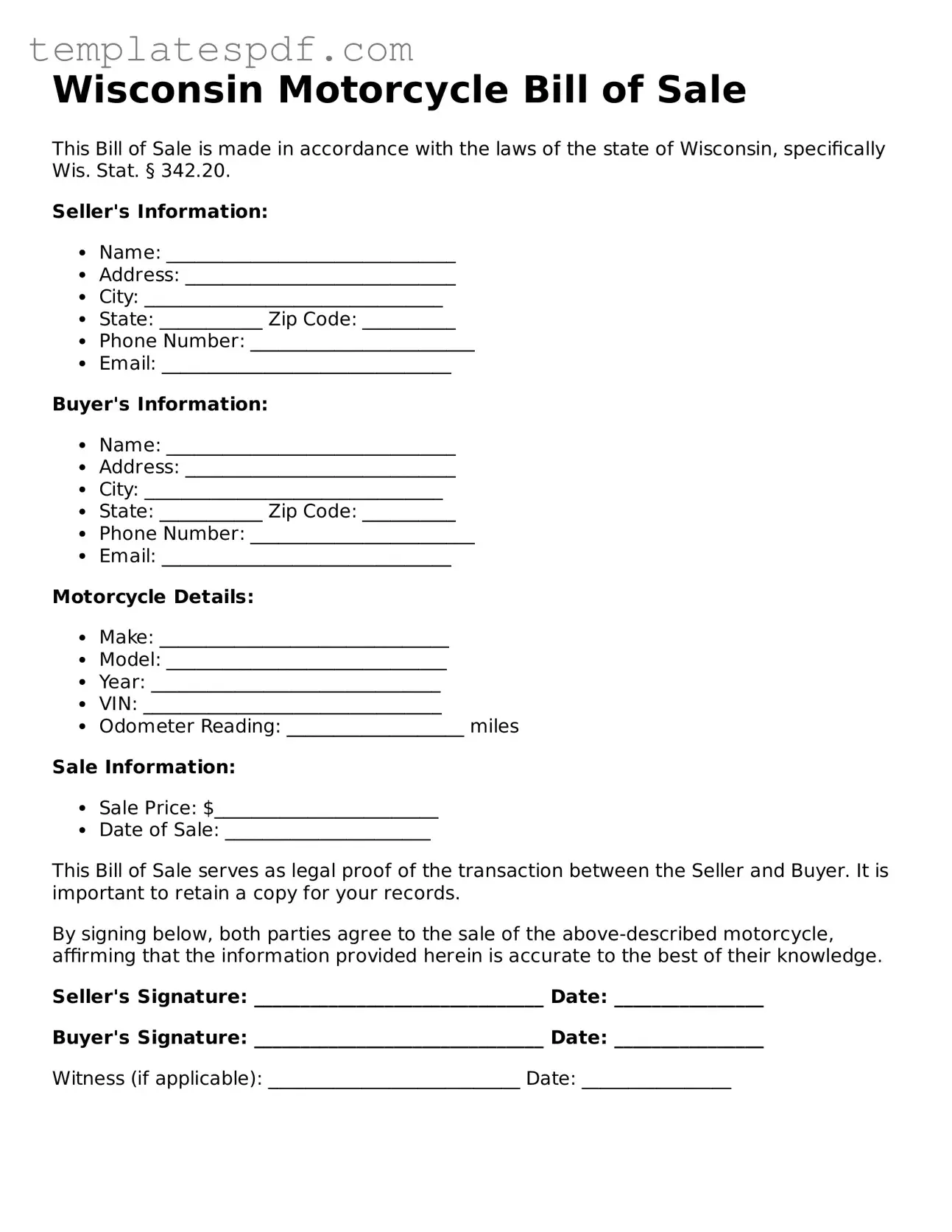 Official  Motorcycle Bill of Sale Form for Wisconsin