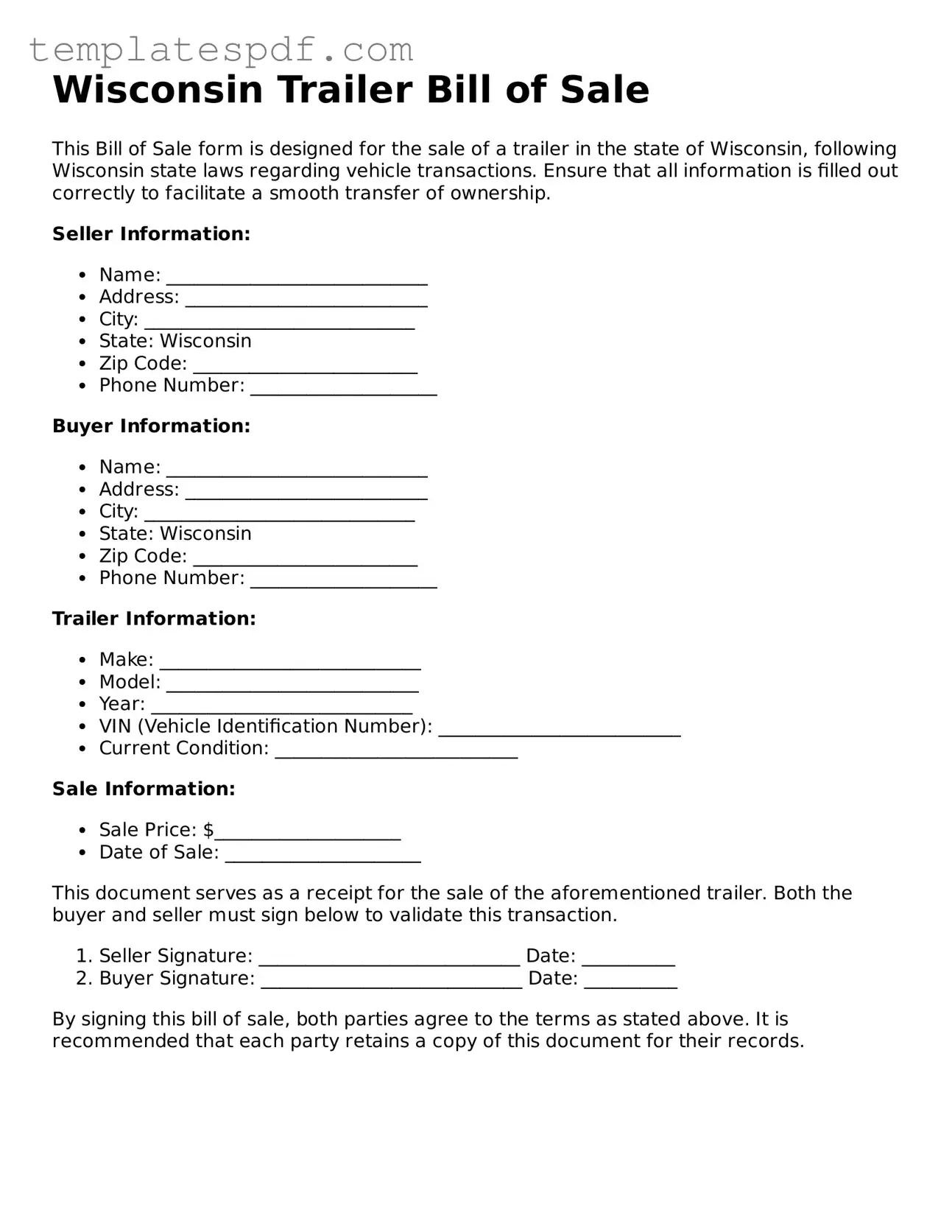 Official  Trailer Bill of Sale Form for Wisconsin