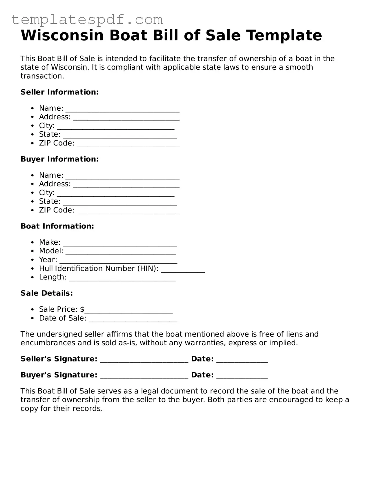 Official  Boat Bill of Sale Form for Wisconsin