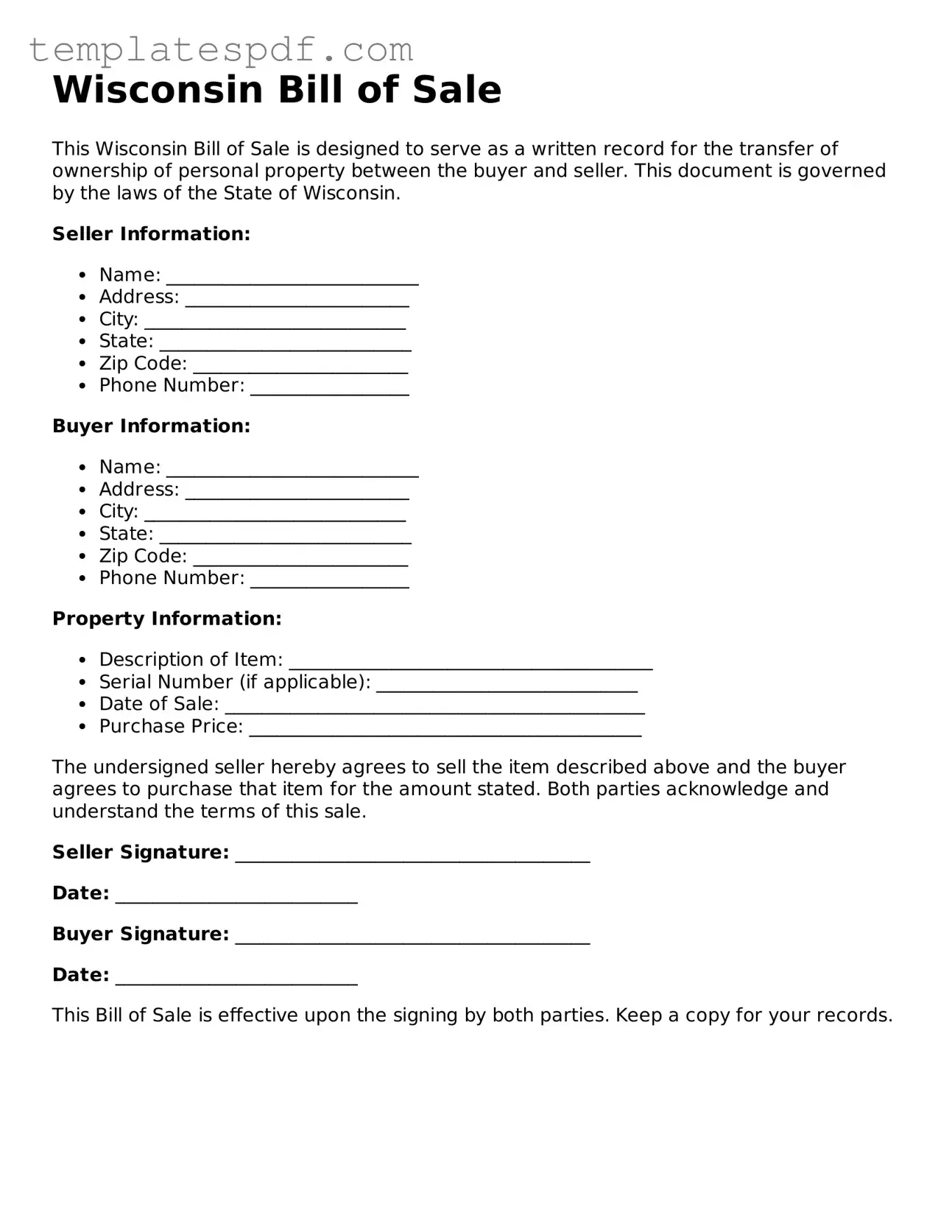 Official  Bill of Sale Form for Wisconsin