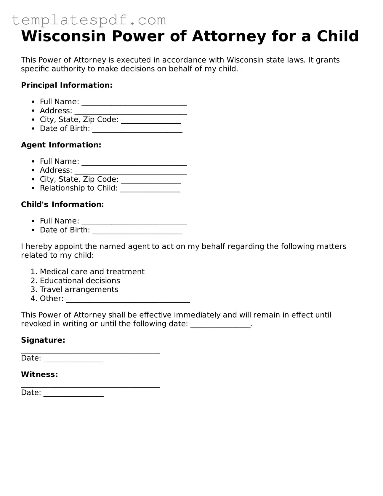 Official  Power of Attorney for a Child Form for Wisconsin