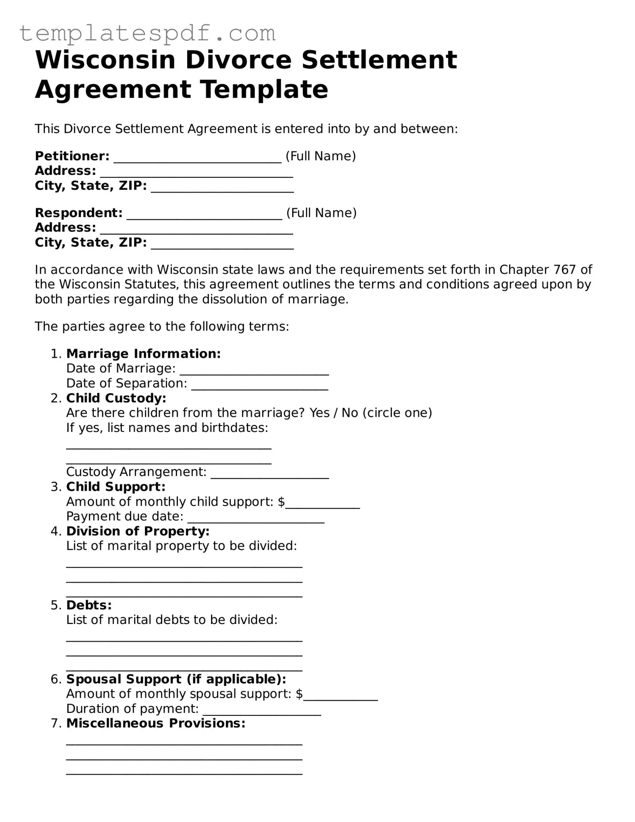 Official  Divorce Settlement Agreement Form for Wisconsin